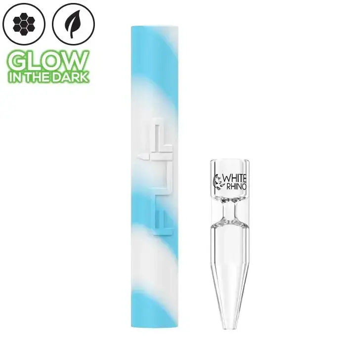 [Q-4015-02] WHITE RHINO FLIP HANDPIPE TO STRAW GLOW IN THE DARK  (BLUE WHITE)