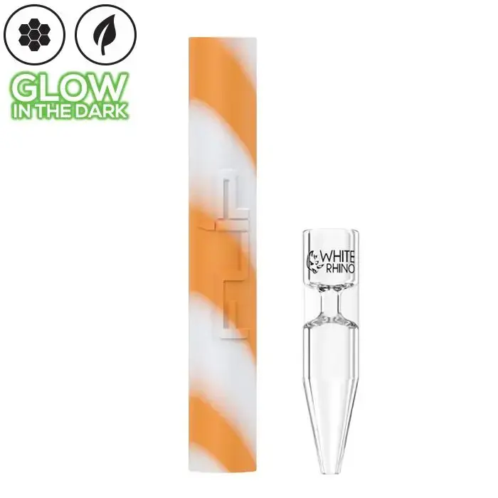 [Q-4015-05] WHITE RHINO FLIP HANDPIPE TO STRAW GLOW IN THE DARK  (ORANGE WHITE)