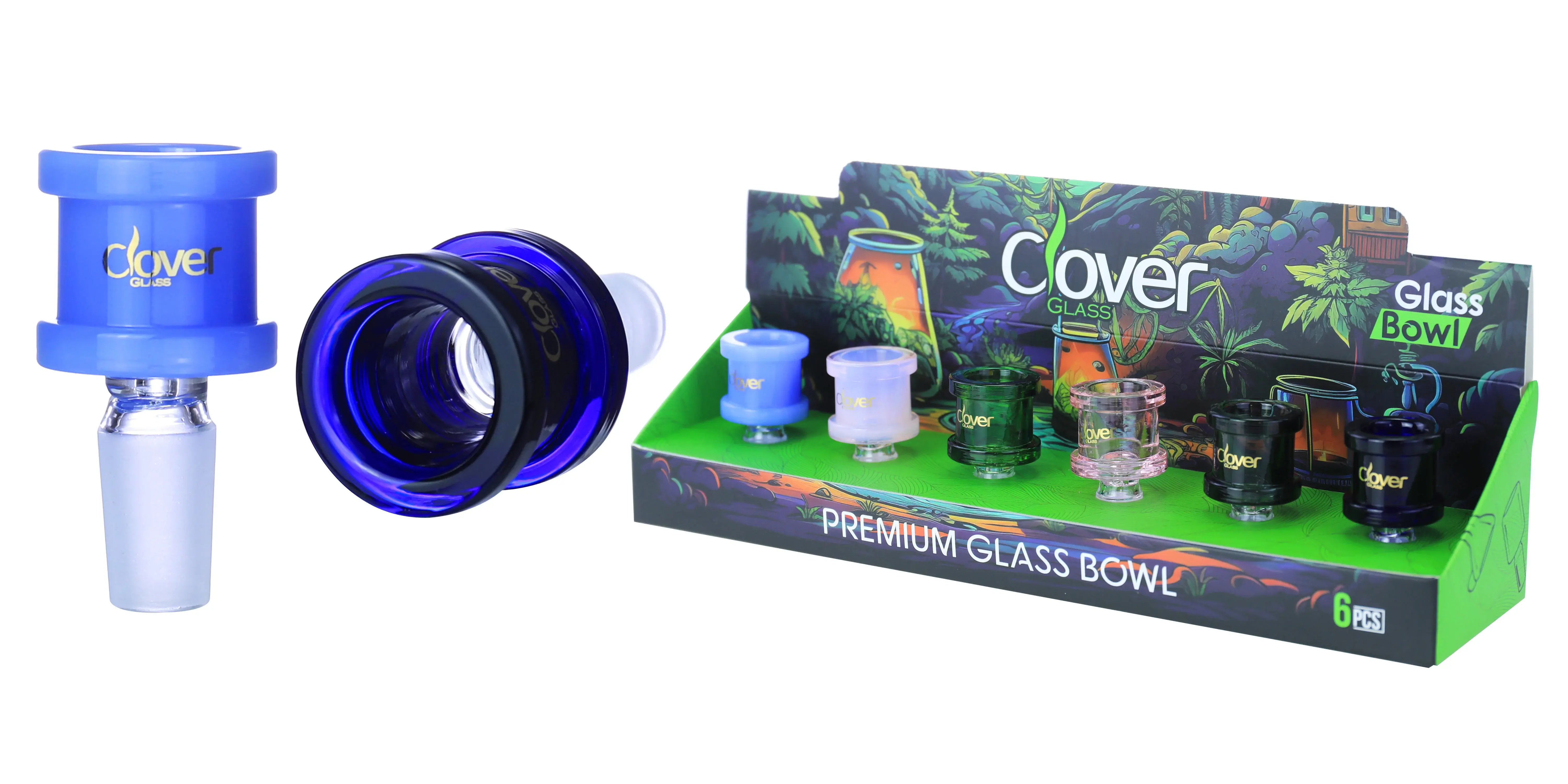 [10102-06] Clover Glass Blow Head 14MM 6Pc a Display Mix Color  (Thick Cylinder)