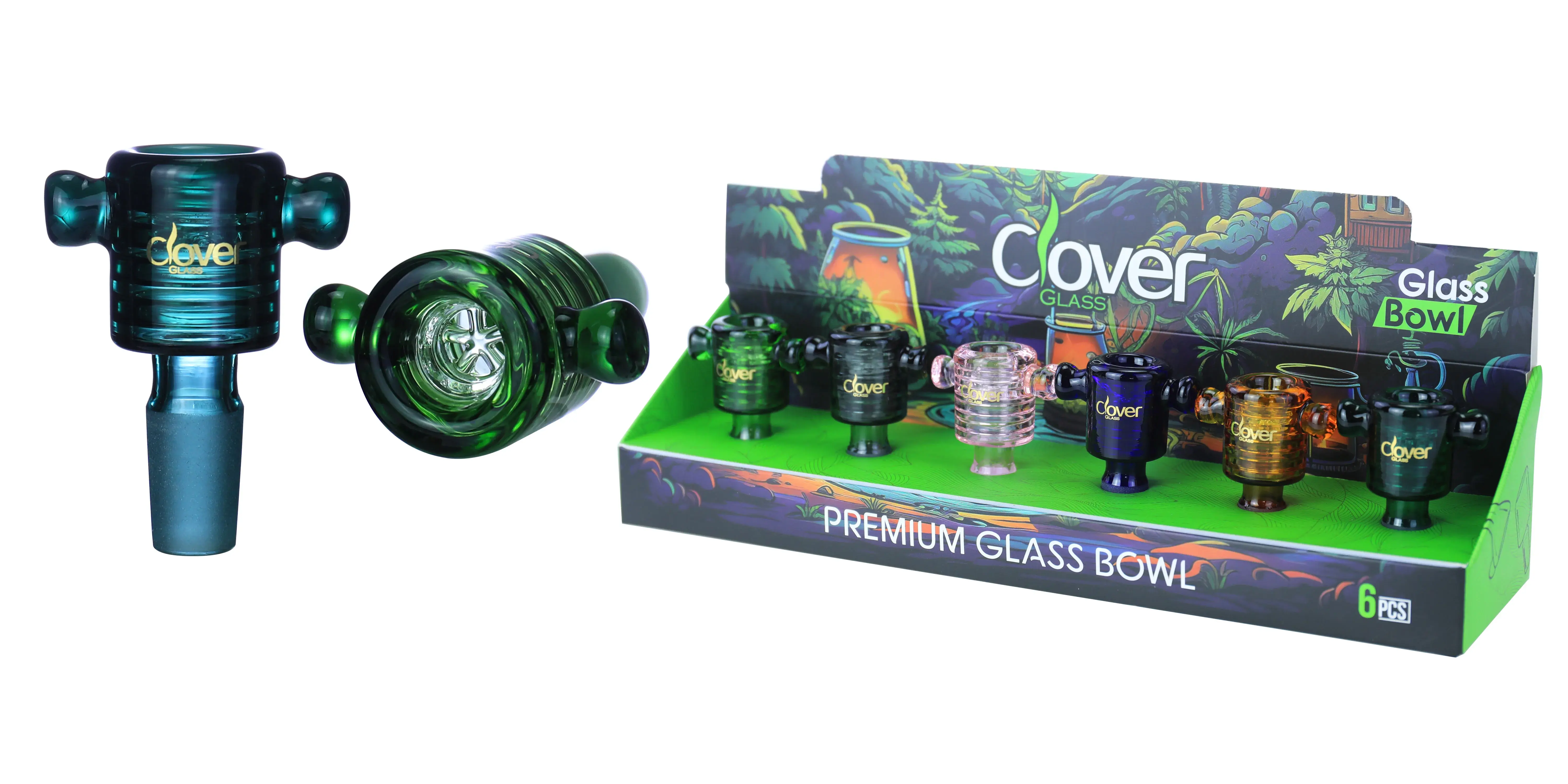 [10102-07] Clover Glass Blow Head 14MM 6Pc a Display Mix Color  (Double Bubble)