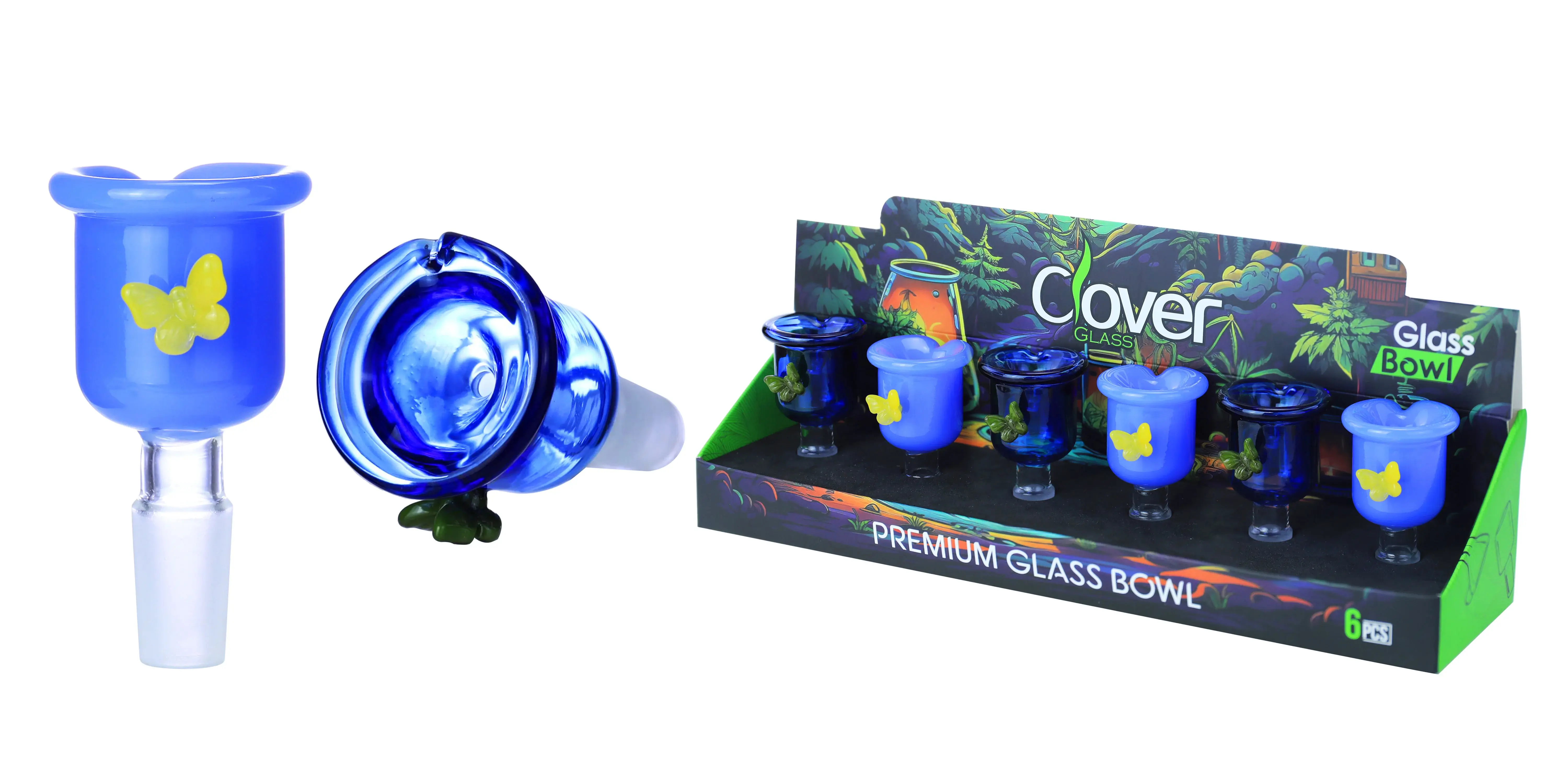 [10102-08] Clover Glass Blow Head 14MM 6Pc a Display Mix Color  (Chipped With Butterfly)