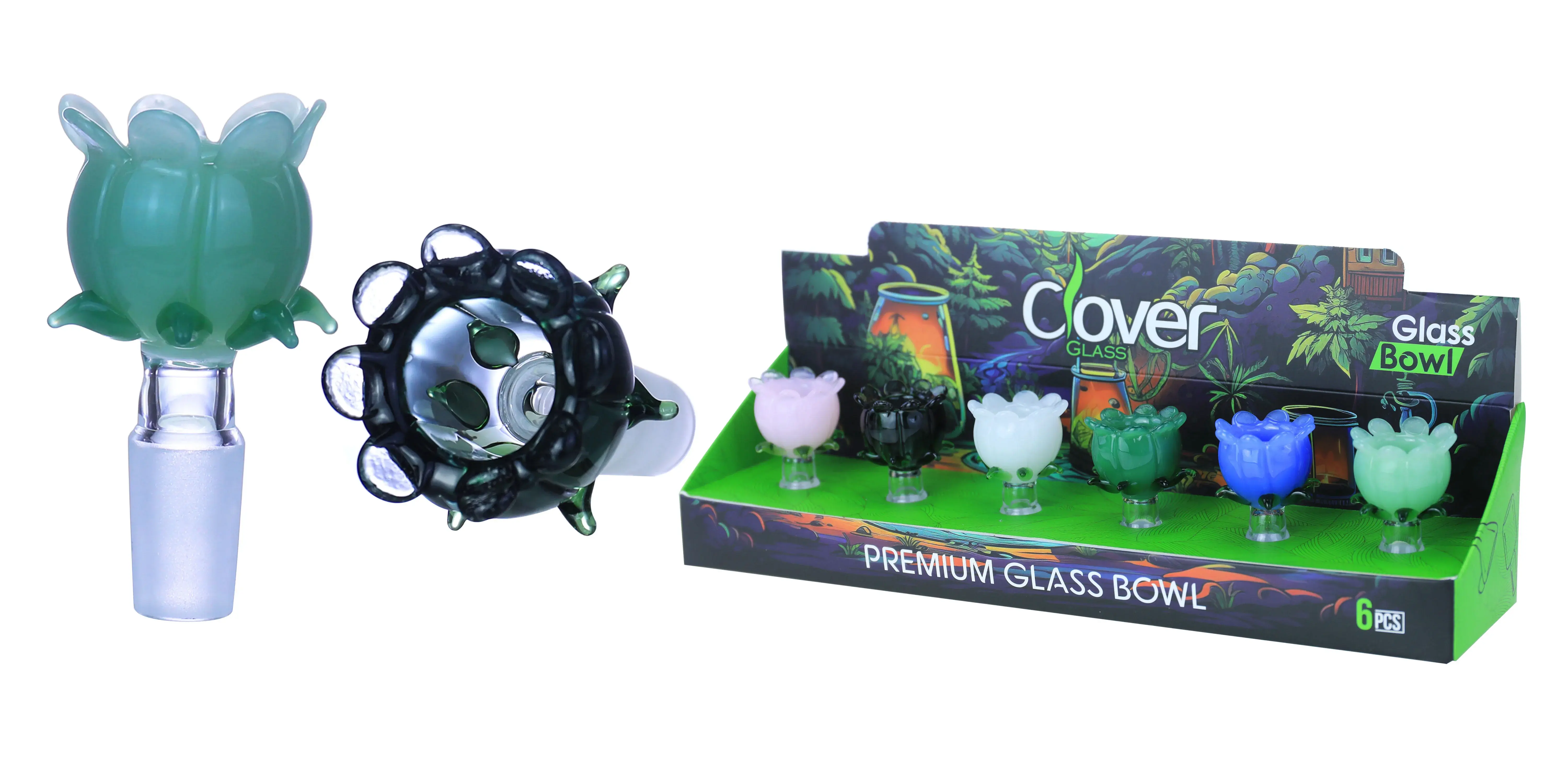 [10102-12] Clover Glass Blow Head 14MM 6Pc a Display Mix Color  (Round Tulip With Leaves)
