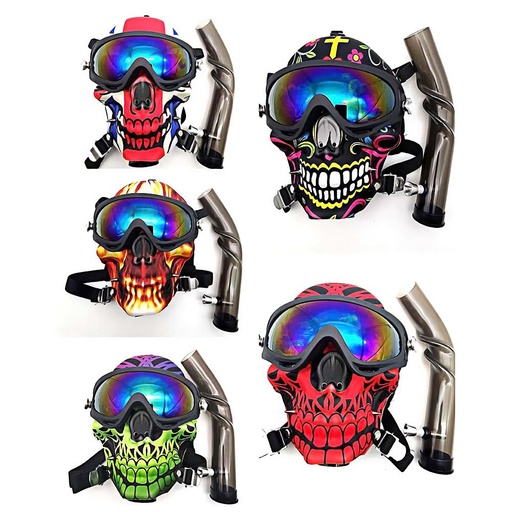 FLAME DESIGNED COLORED MIXED SKULL GAS MASK W/ GOGGLES & PLASTIC WATER PIPE COMES IN A BAG