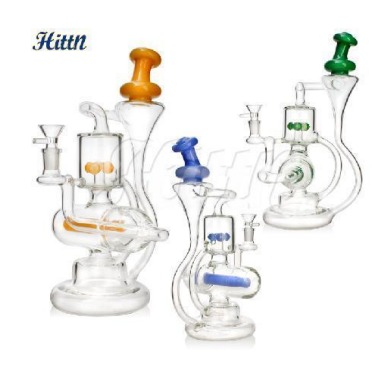 [Q-4416] 12.2 inches Big size recycler oil rig Base diameter: 4.2 inches inline perc+flower perc with 14mm bowl yellow, blue, green no logo.