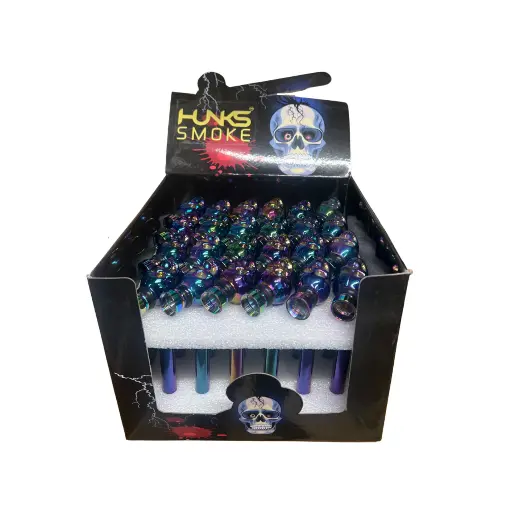 SKULL RAINBOW GLASS MULTI COLOR HAND PIPE DISPLAY 24CT